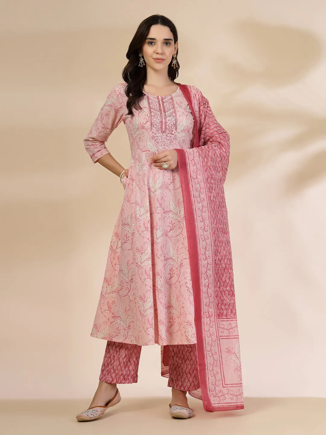 Yufta Pink Pure Cotton Anarkali Dupatta Pant Set | Grocsy