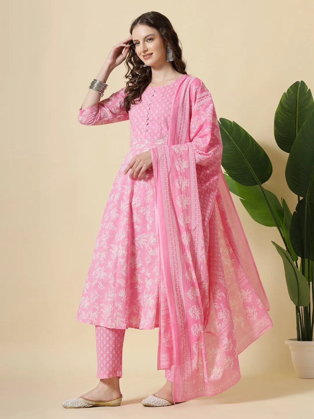 Yufta Pink Pure Cotton Anarkali Piping Kurta Dupatta Pant Set | Grocsy