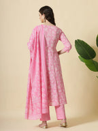 Yufta Pink Pure Cotton Anarkali Piping Kurta Dupatta Pant Set | Grocsy