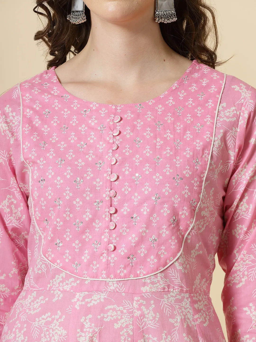 Yufta Pink Pure Cotton Anarkali Piping Kurta Dupatta Pant Set | Grocsy