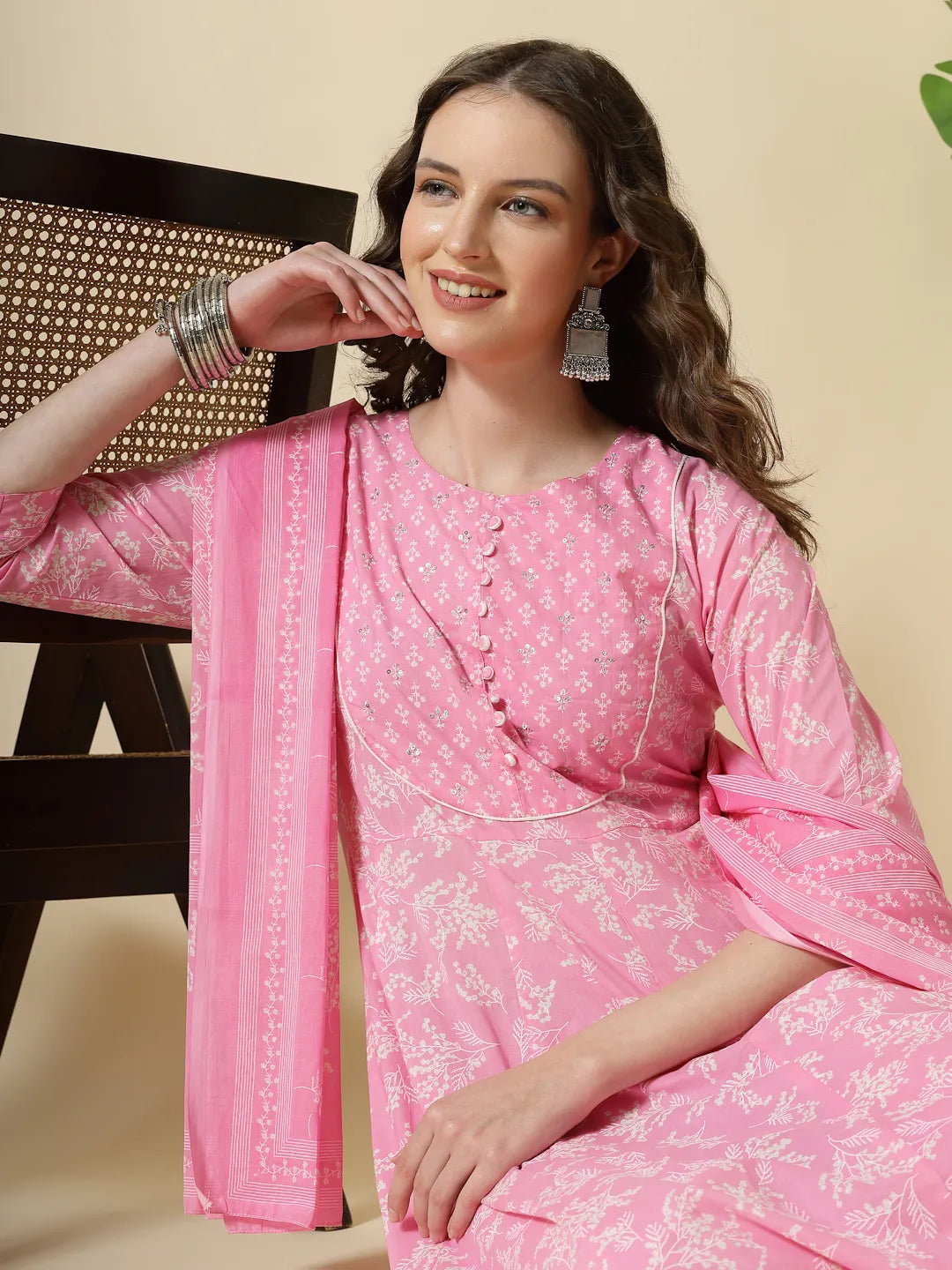 Yufta Pink Pure Cotton Anarkali Piping Kurta Dupatta Pant Set | Grocsy