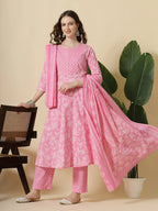 Yufta Pink Pure Cotton Anarkali Piping Kurta Dupatta Pant Set | Grocsy