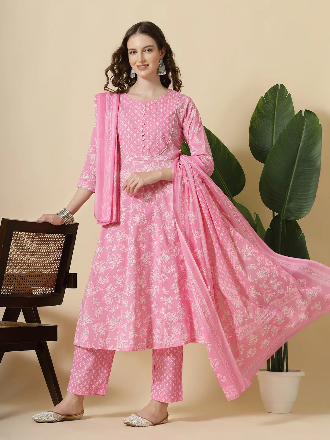 Yufta Pink Pure Cotton Anarkali Piping Kurta Dupatta Pant Set | Grocsy