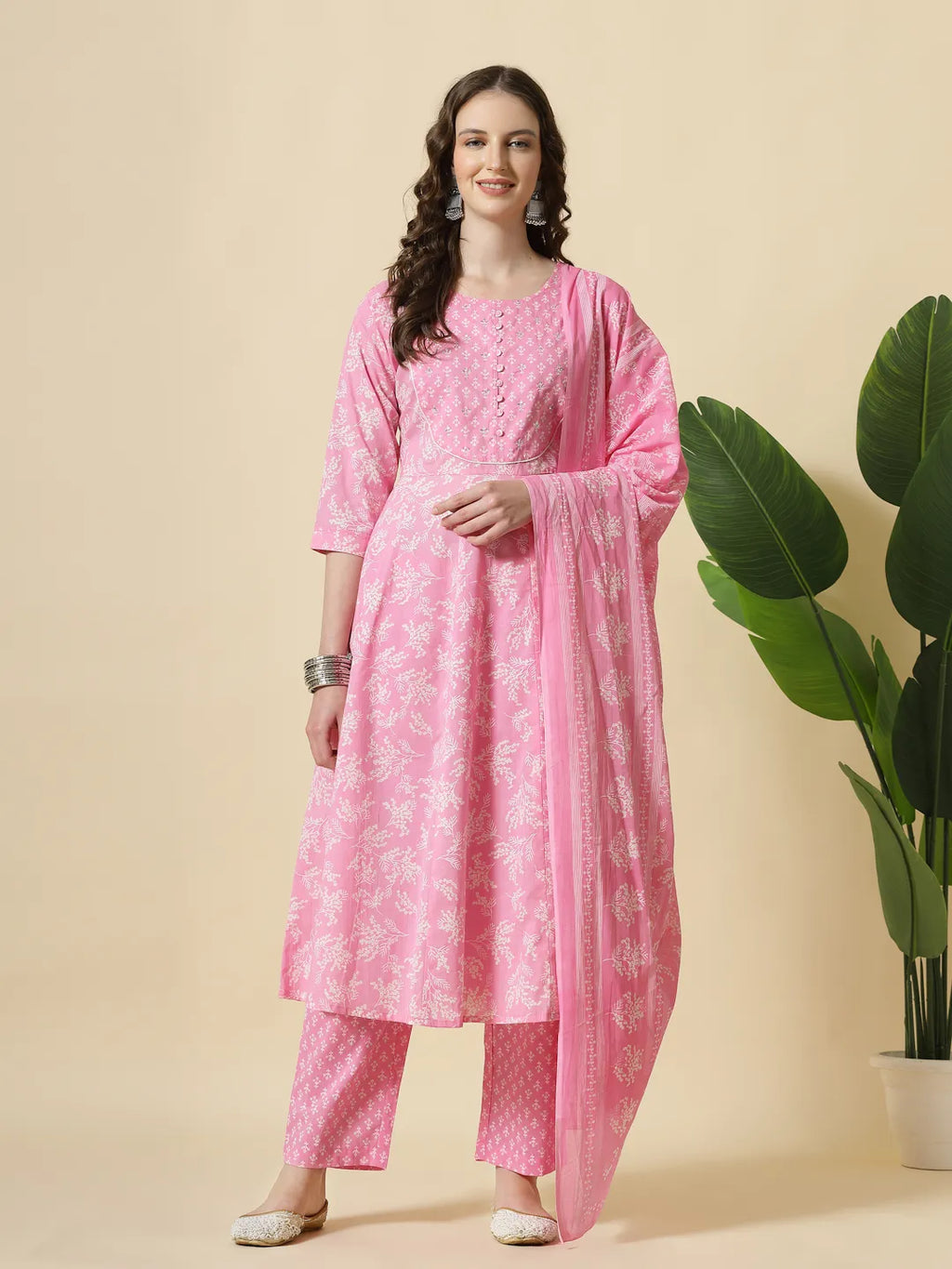Yufta Pink Pure Cotton Anarkali Piping Kurta Dupatta Pant Set | Grocsy