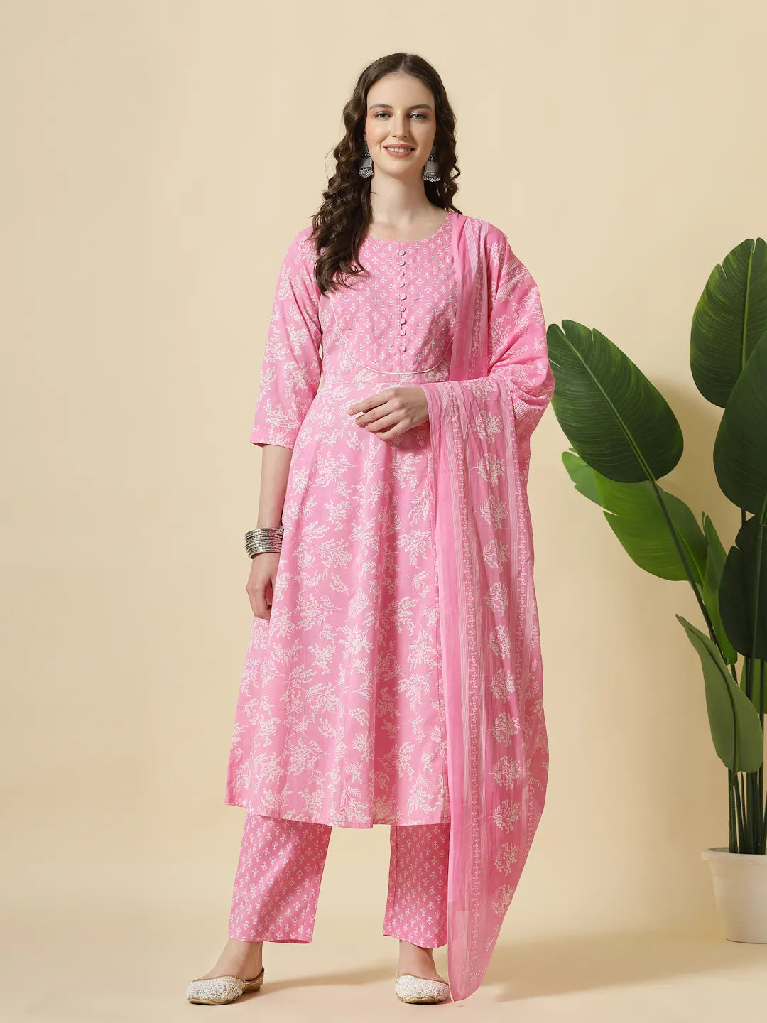 Yufta Pink Pure Cotton Anarkali Piping Kurta Dupatta Pant Set | Grocsy