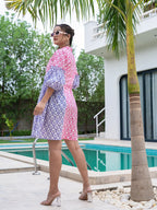 Yufta Pink Pure Cotton Colourblocking A-Line Dress | Grocsy