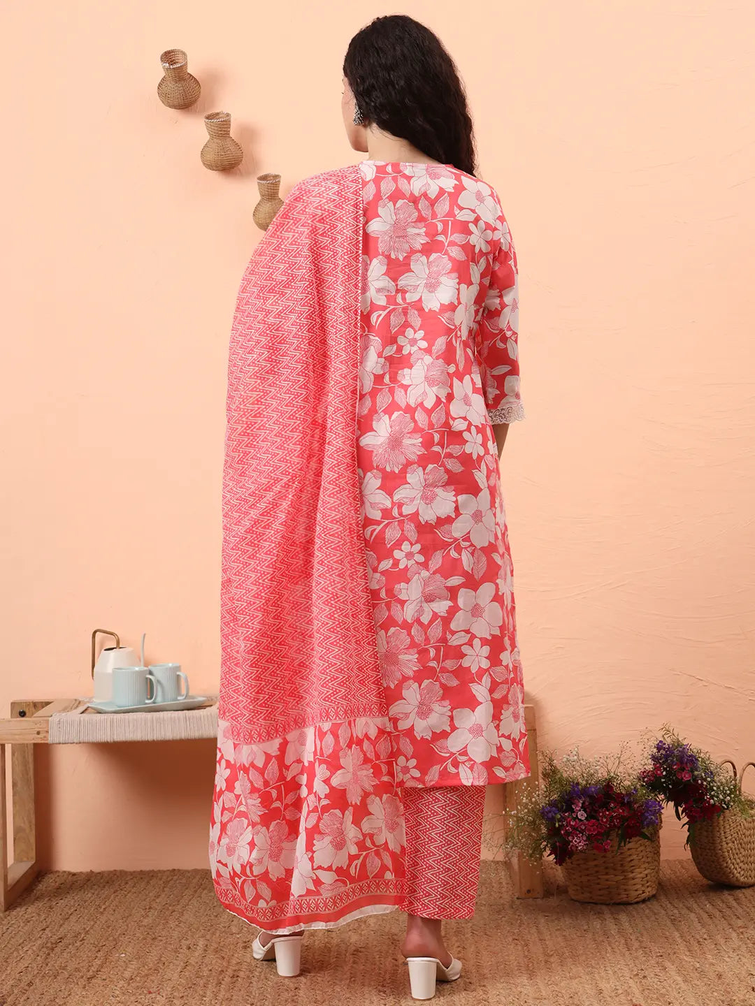 Yufta Pink Pure Cotton Ethnic Motifs Straight Kurta Pant Set | Grocsy