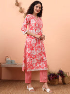 Yufta Pink Pure Cotton Ethnic Motifs Straight Kurta Pant Set | Grocsy