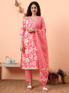 Yufta Pink Pure Cotton Ethnic Motifs Straight Kurta Pant Set | Grocsy