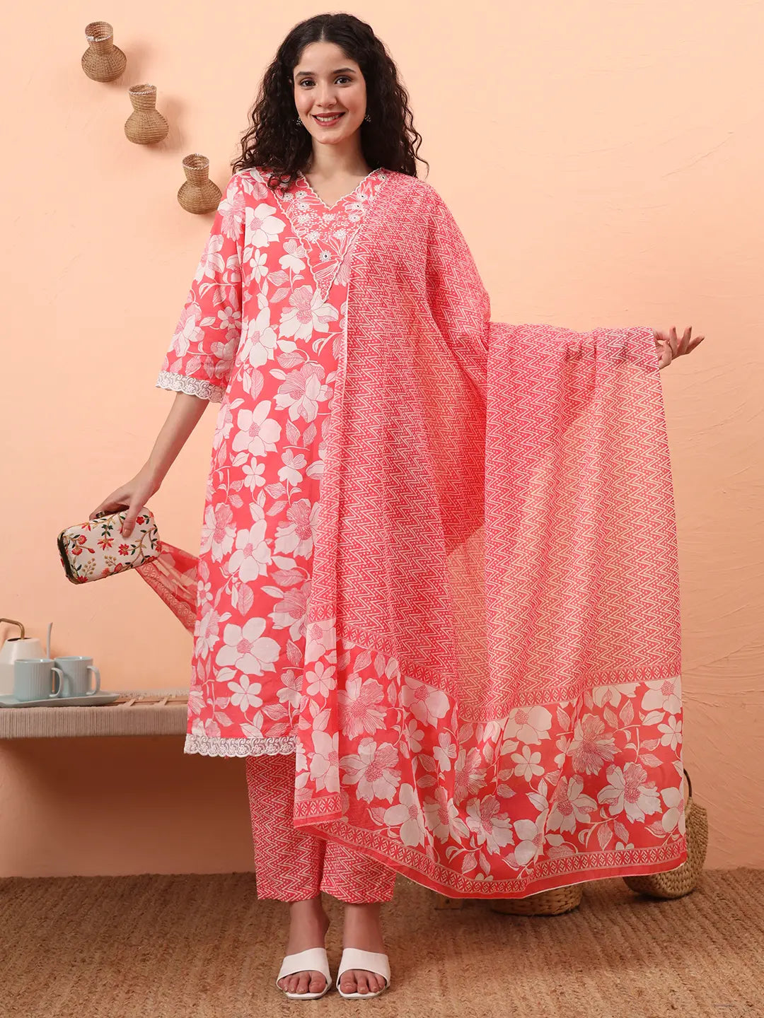 Yufta Pink Pure Cotton Ethnic Motifs Straight Kurta Pant Set | Grocsy