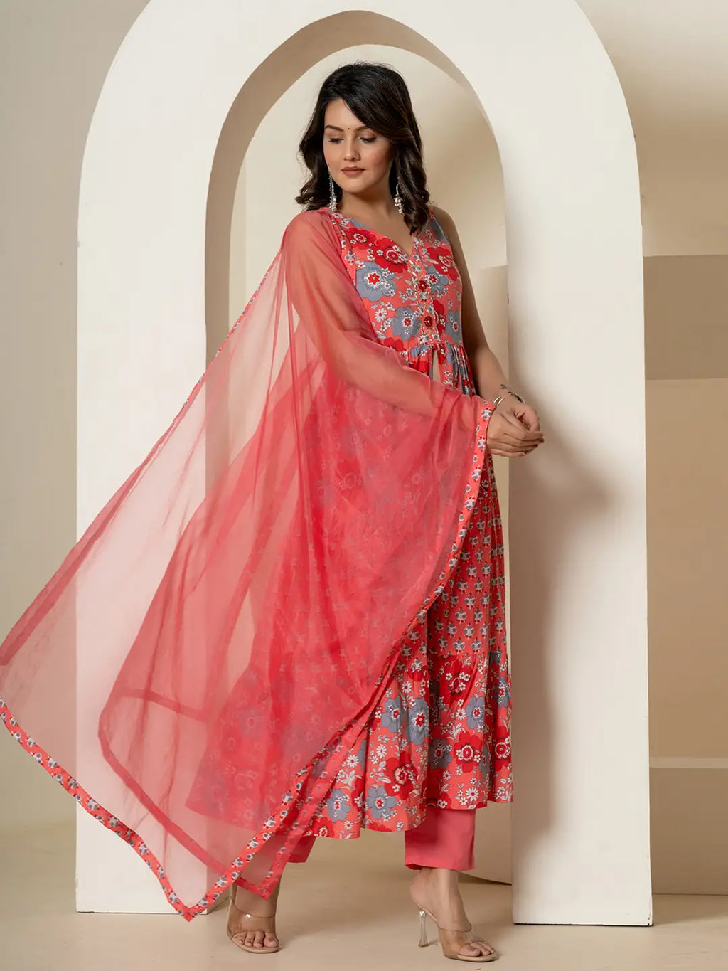 Yufta Pink Pure Cotton Fit And Flare Tiered Kurta Trouser & Dupatta Set | Grocsy