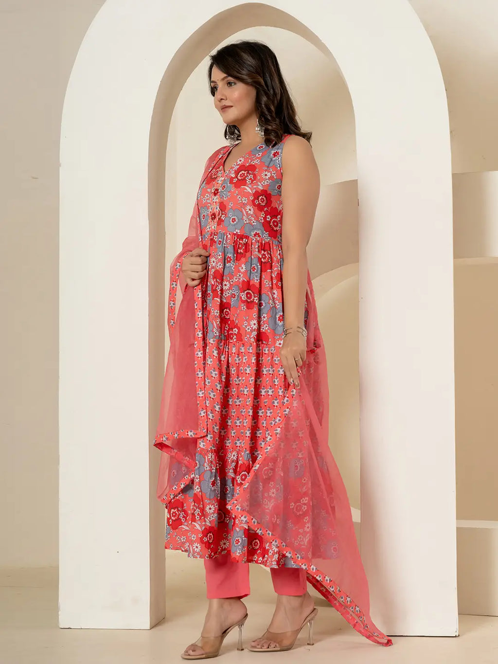 Yufta Pink Pure Cotton Fit And Flare Tiered Kurta Trouser & Dupatta Set | Grocsy