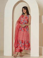 Yufta Pink Pure Cotton Fit And Flare Tiered Kurta Trouser & Dupatta Set | Grocsy
