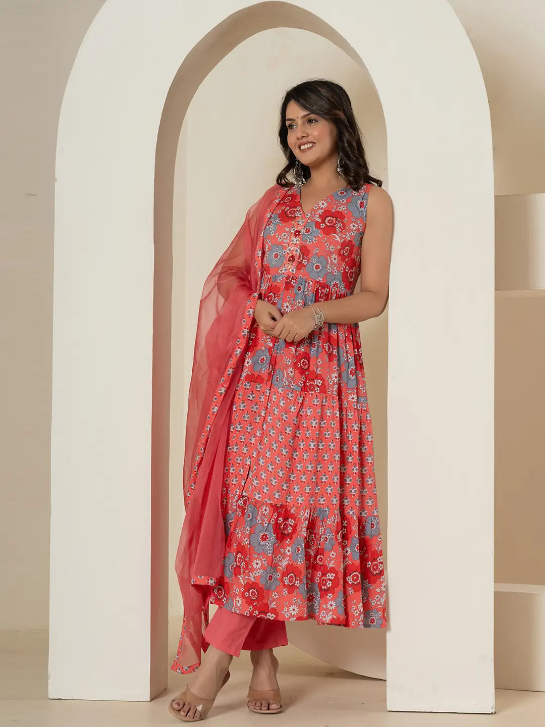 Yufta Pink Pure Cotton Fit And Flare Tiered Kurta Trouser & Dupatta Set | Grocsy