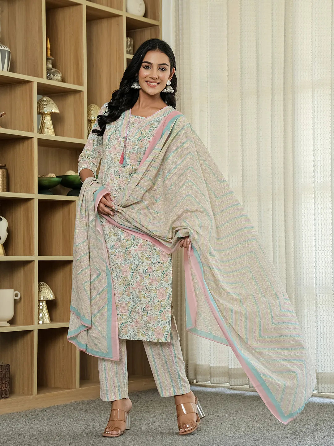 Yufta Pink Pure Cotton Floral Print Kurta Dupatta Pant Set | Grocsy