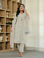 Yufta Pink Pure Cotton Floral Print Kurta Dupatta Pant Set | Grocsy