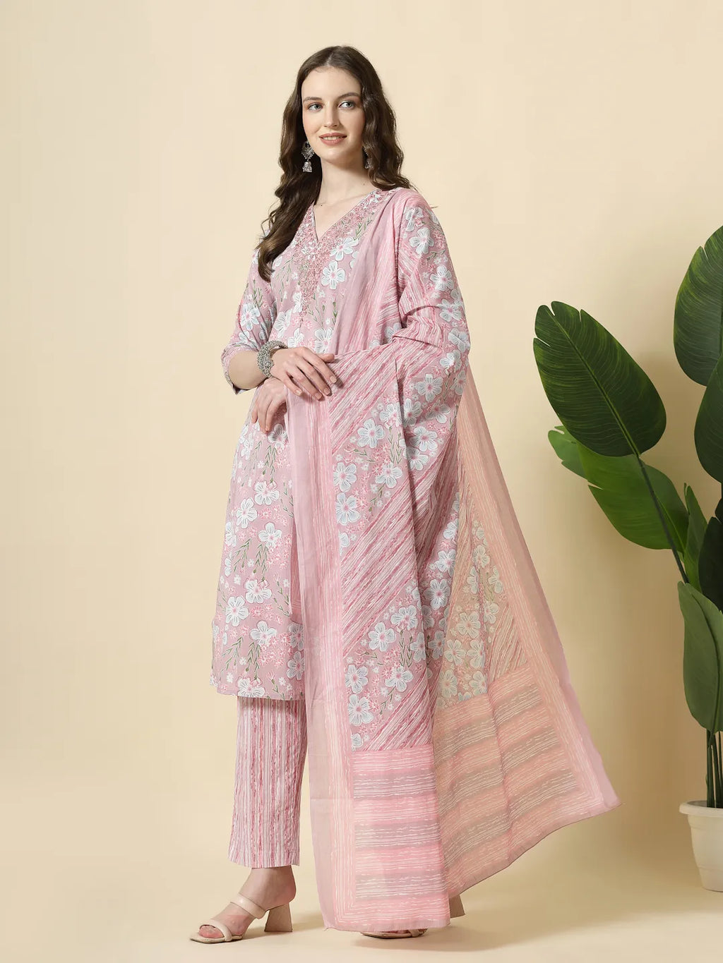 Yufta Pink Pure Cotton Floral Print Thread Work Kurta Set With Pant & Dupatta | Grocsy