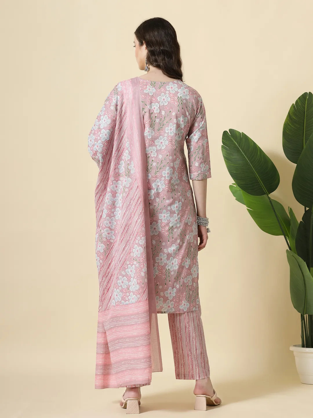 Yufta Pink Pure Cotton Floral Print Thread Work Kurta Set With Pant & Dupatta | Grocsy