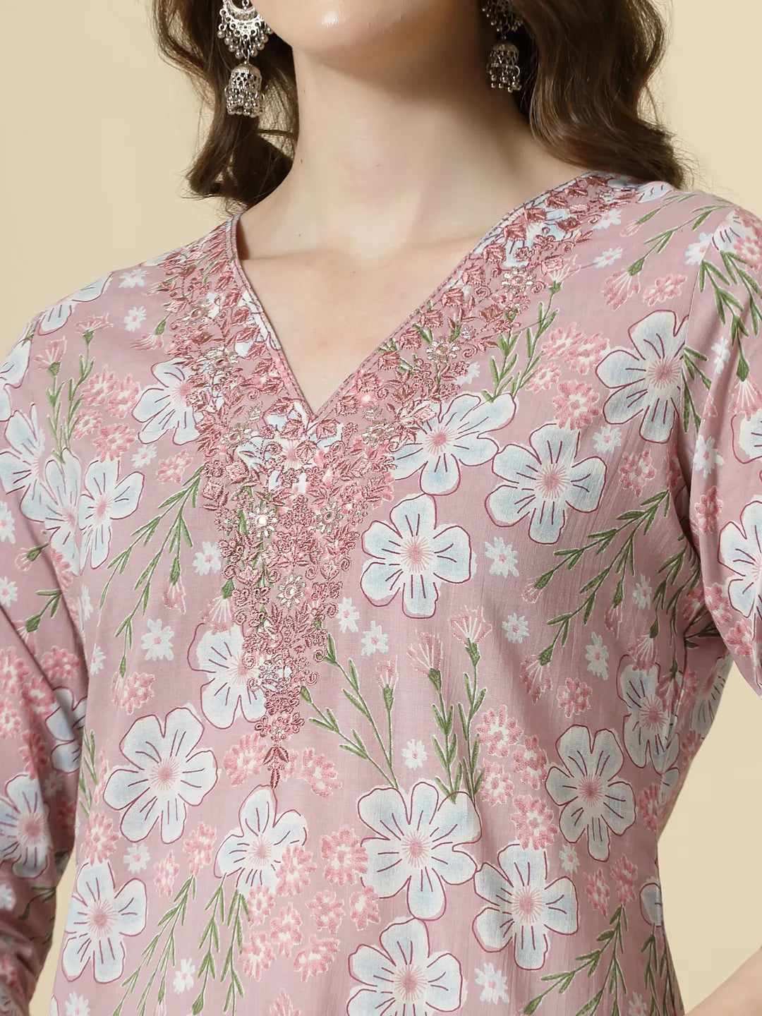 Yufta Pink Pure Cotton Floral Print Thread Work Kurta Set With Pant & Dupatta | Grocsy
