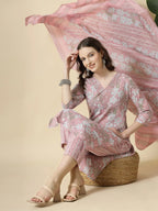 Yufta Pink Pure Cotton Floral Print Thread Work Kurta Set With Pant & Dupatta | Grocsy