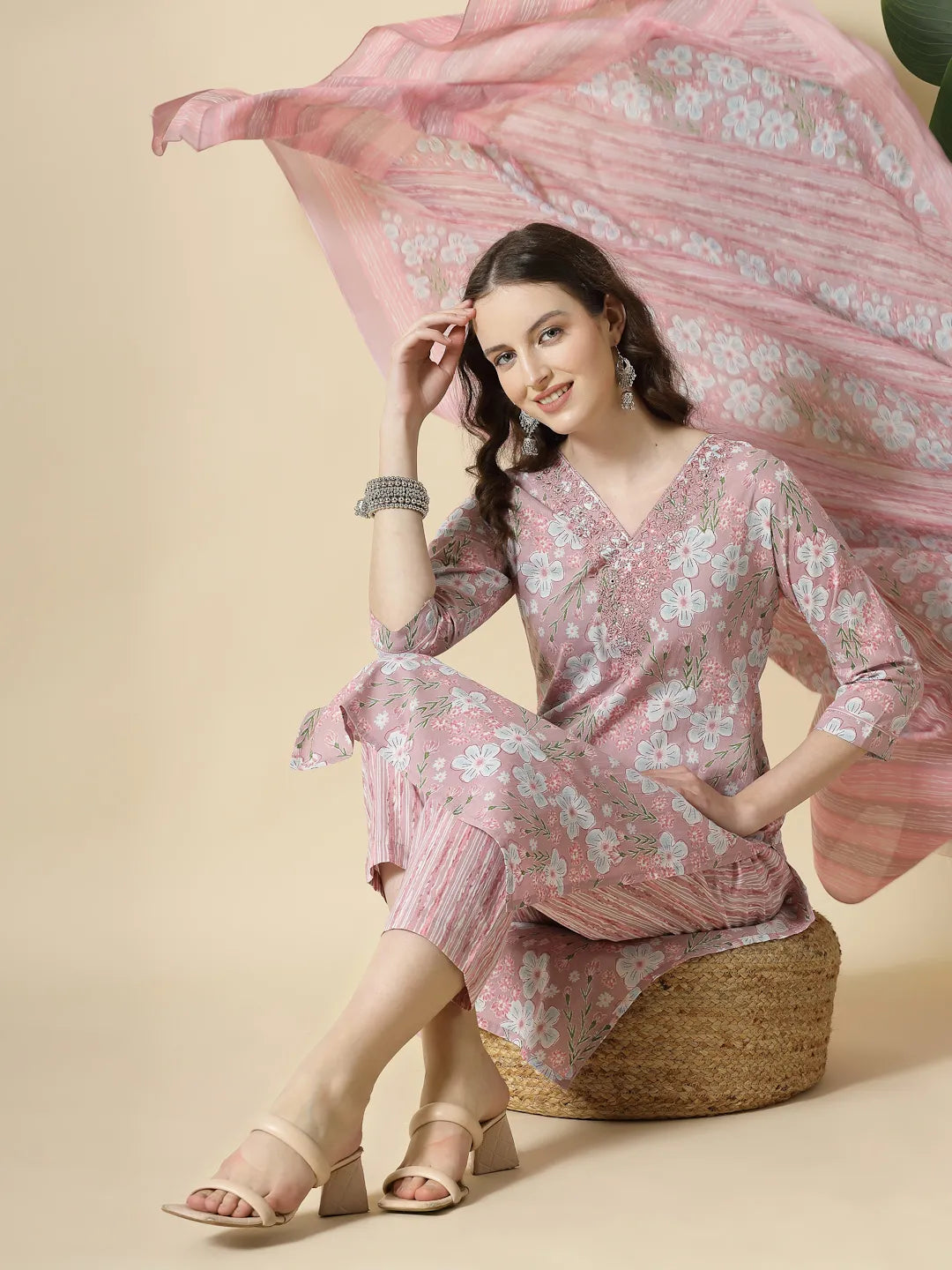 Yufta Pink Pure Cotton Floral Print Thread Work Kurta Set With Pant & Dupatta | Grocsy