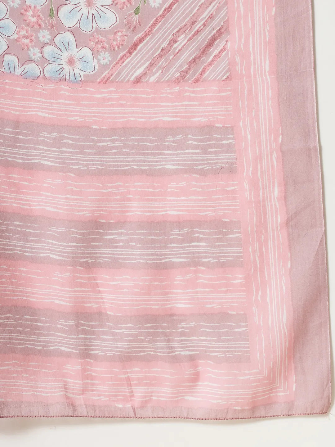 Yufta Pink Pure Cotton Floral Print Thread Work Kurta Set With Pant & Dupatta | Grocsy