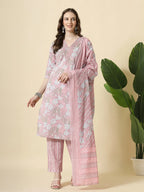 Yufta Pink Pure Cotton Floral Print Thread Work Kurta Set With Pant & Dupatta | Grocsy