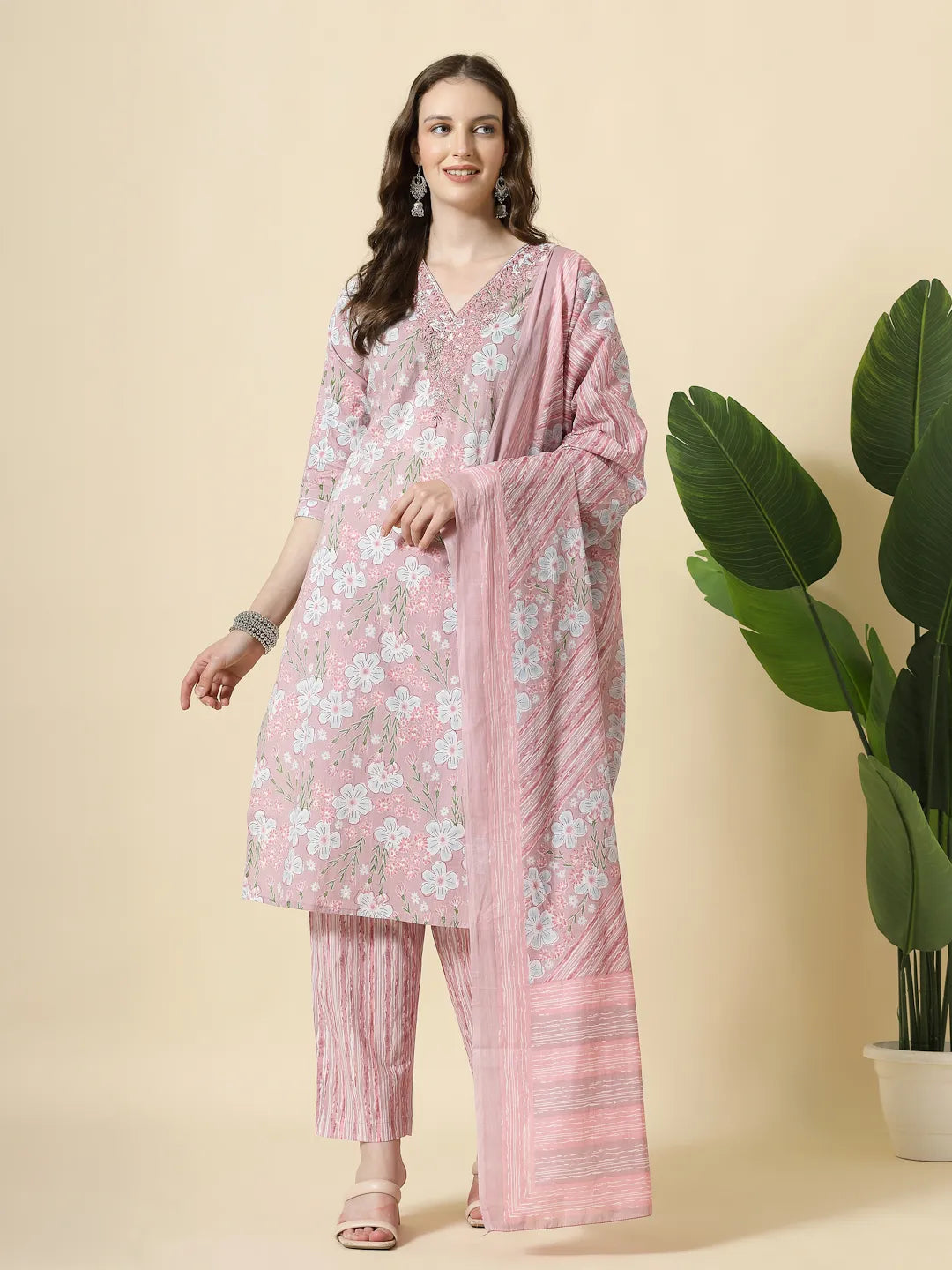Yufta Pink Pure Cotton Floral Print Thread Work Kurta Set With Pant & Dupatta | Grocsy