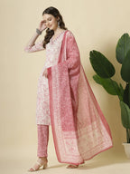 Yufta Pink Pure Cotton PaisleyThread Work Kurta Dupatta Pant Set | Grocsy