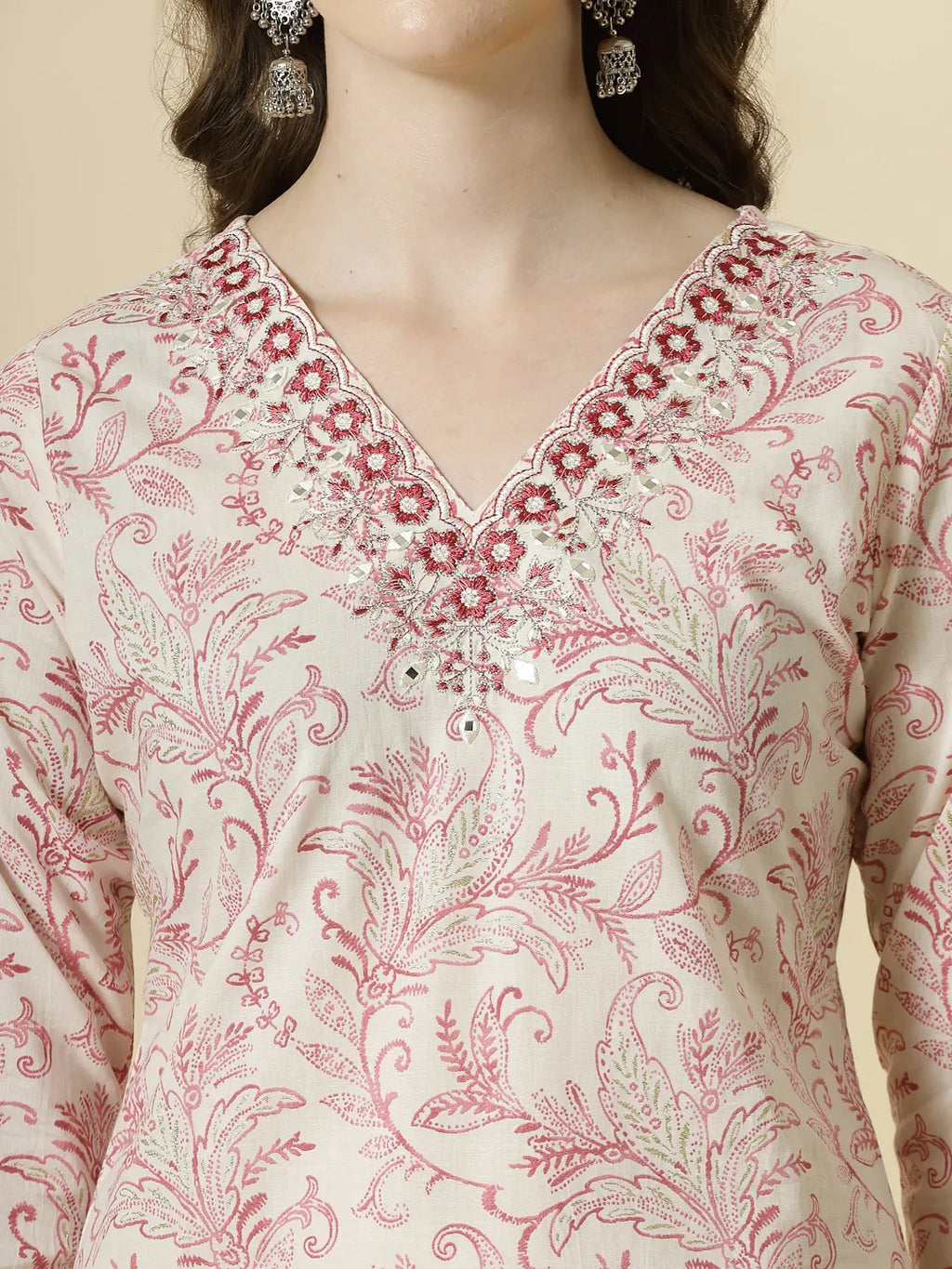 Yufta Pink Pure Cotton PaisleyThread Work Kurta Dupatta Pant Set | Grocsy