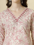 Yufta Pink Pure Cotton PaisleyThread Work Kurta Dupatta Pant Set | Grocsy