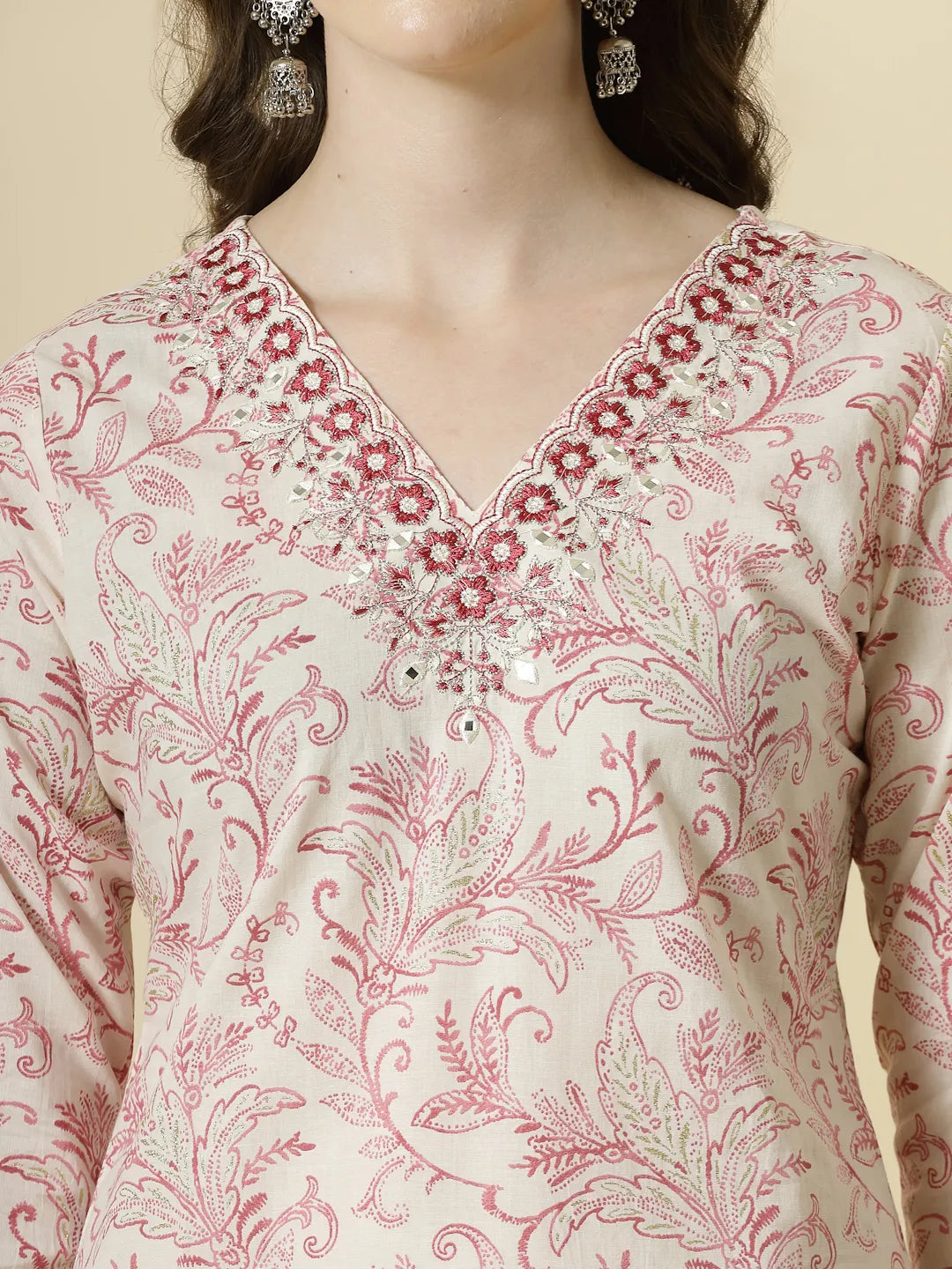 Yufta Pink Pure Cotton PaisleyThread Work Kurta Dupatta Pant Set | Grocsy