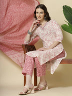 Yufta Pink Pure Cotton PaisleyThread Work Kurta Dupatta Pant Set | Grocsy