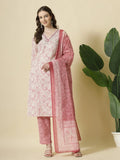 Yufta Pink Pure Cotton PaisleyThread Work Kurta Dupatta Pant Set | Grocsy