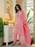 Yufta Pink Pure Cotton Thread Work Sequins Work Kurta Dupatta Pant Set | Grocsy