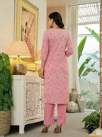 Yufta Pink Pure Cotton Thread Work Sequins Work Kurta Dupatta Pant Set | Grocsy