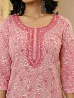 Yufta Pink Pure Cotton Thread Work Sequins Work Kurta Dupatta Pant Set | Grocsy