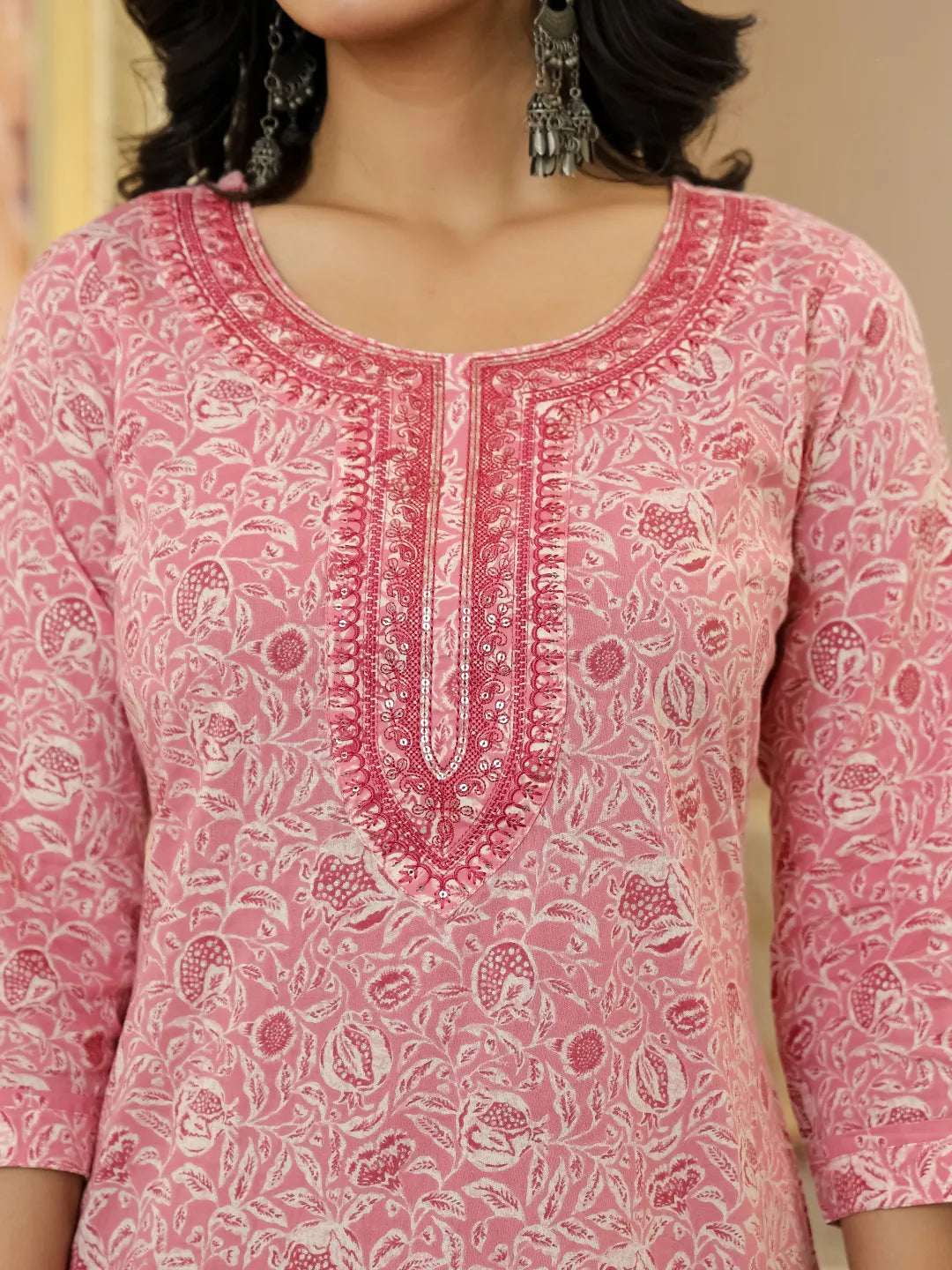 Yufta Pink Pure Cotton Thread Work Sequins Work Kurta Dupatta Pant Set | Grocsy