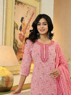 Yufta Pink Pure Cotton Thread Work Sequins Work Kurta Dupatta Pant Set | Grocsy