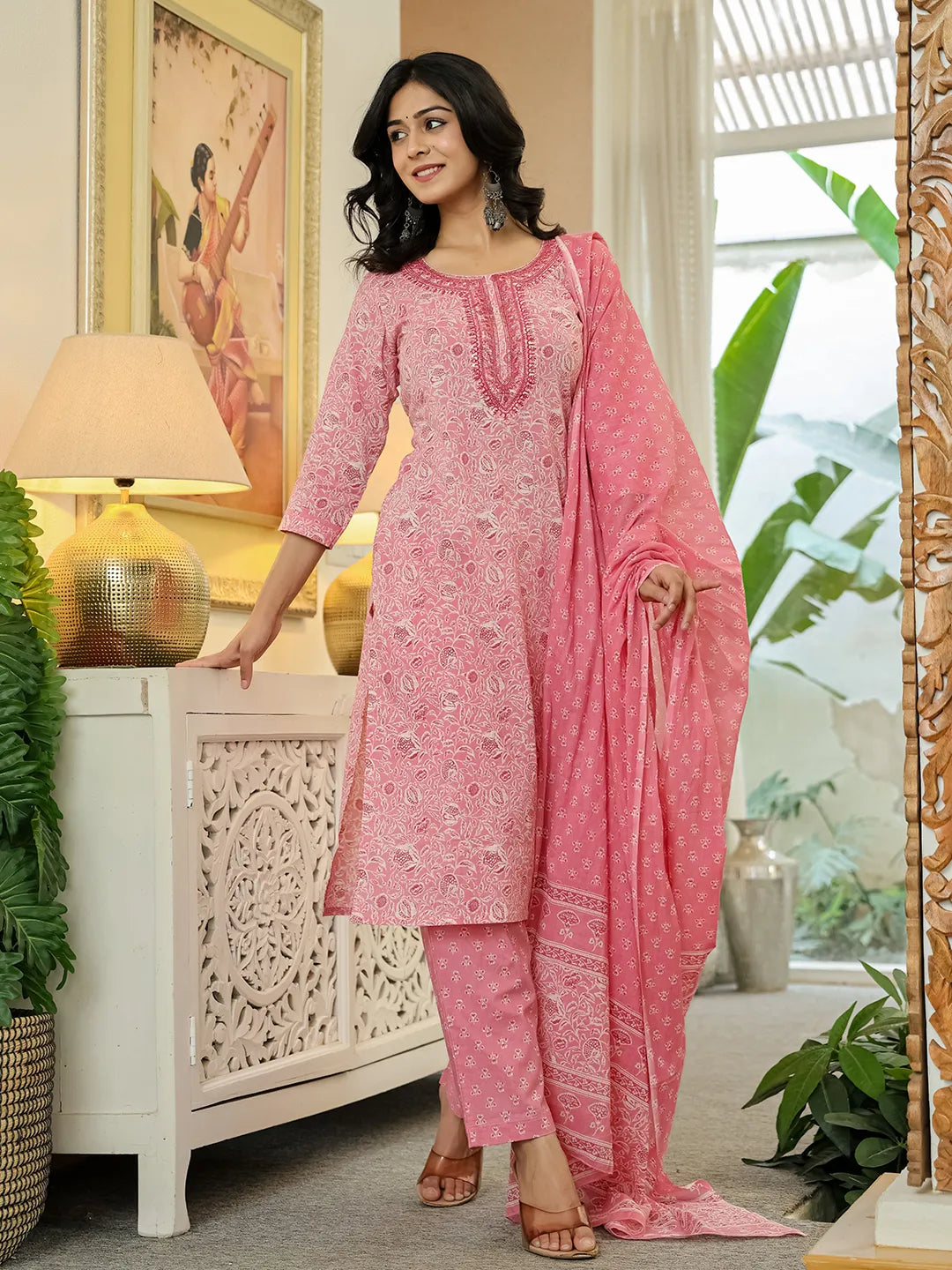 Yufta Pink Pure Cotton Thread Work Sequins Work Kurta Dupatta Pant Set | Grocsy