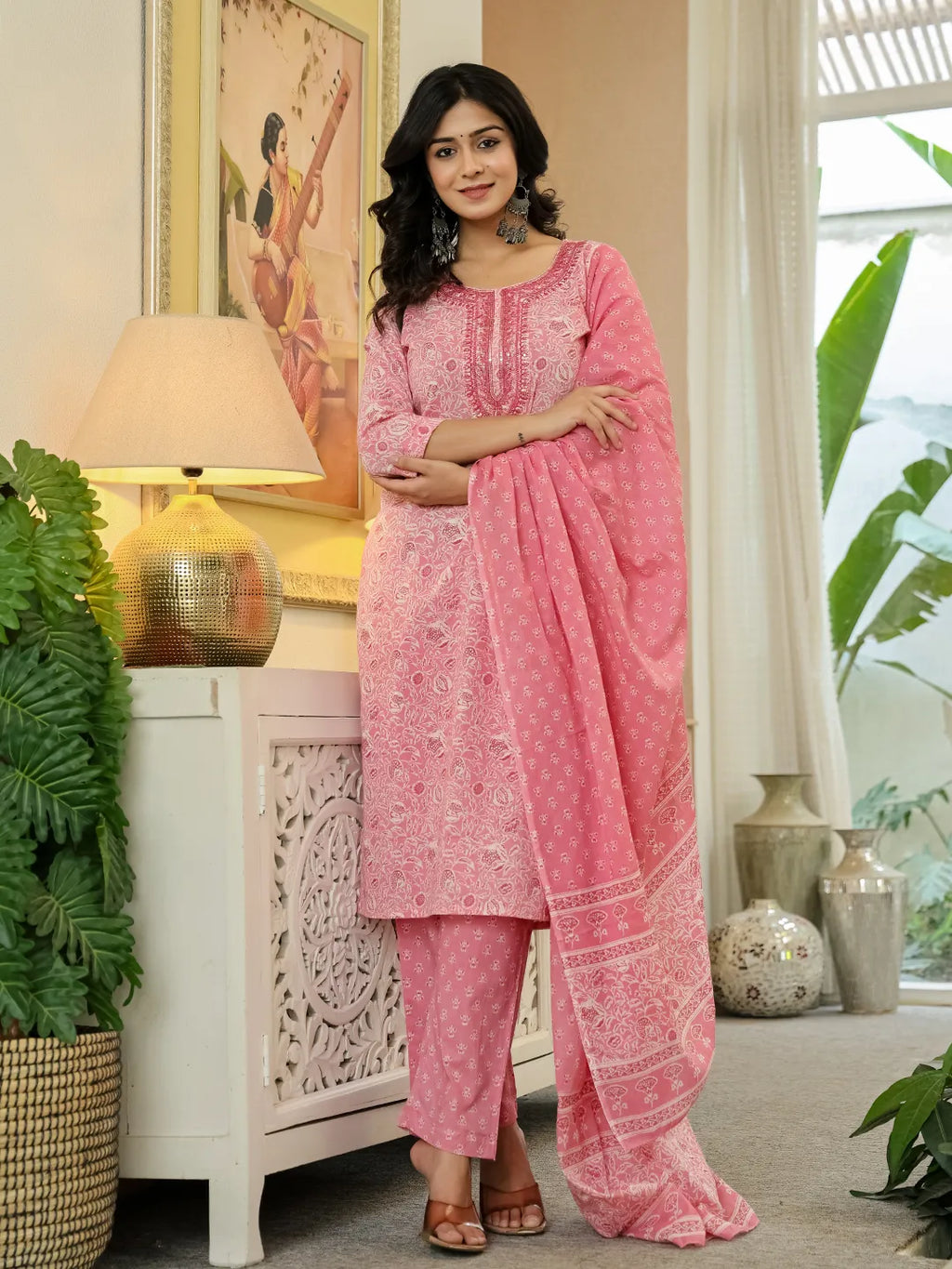 Yufta Pink Pure Cotton Thread Work Sequins Work Kurta Dupatta Pant Set | Grocsy