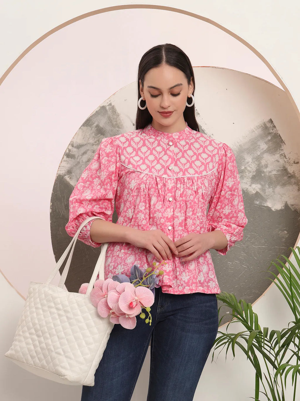 Yufta Pink Pure Cotton Top With Lace Detailings | Grocsy