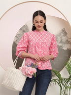 Yufta Pink Pure Cotton Top With Lace Detailings | Grocsy