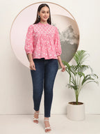 Yufta Pink Pure Cotton Top With Lace Detailings | Grocsy