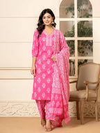 Yufta Pink Sequins_Work Pure Cotton Straight Kurta Dupatta Set | Grocsy