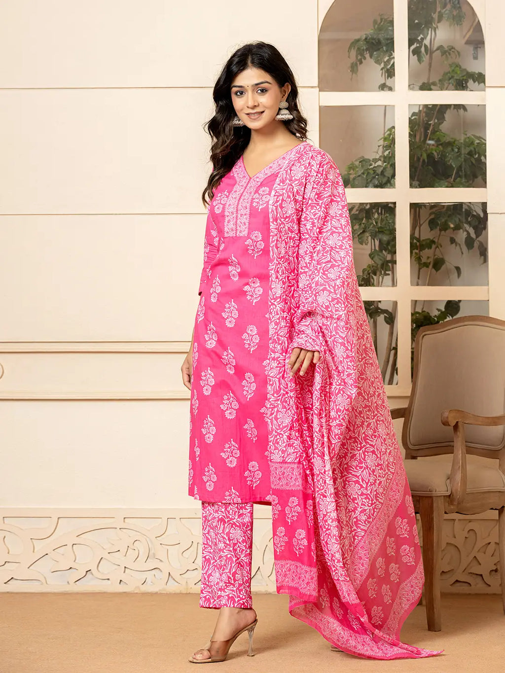 Yufta Pink Sequins_Work Pure Cotton Straight Kurta Dupatta Set | Grocsy