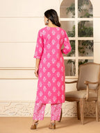 Yufta Pink Sequins_Work Pure Cotton Straight Kurta Dupatta Set | Grocsy