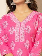 Yufta Pink Sequins_Work Pure Cotton Straight Kurta Dupatta Set | Grocsy