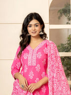 Yufta Pink Sequins_Work Pure Cotton Straight Kurta Dupatta Set | Grocsy