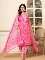 Yufta Pink Sequins_Work Pure Cotton Straight Kurta Dupatta Set | Grocsy